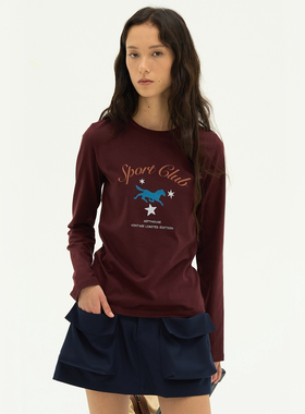 Septhouse 美式休闲酒红色印花标语长袖 百搭宽松圆领T恤女