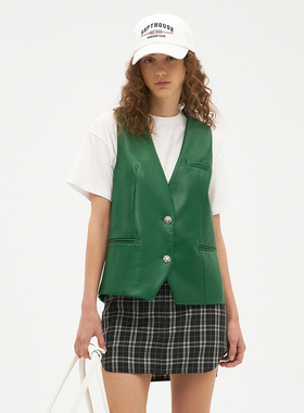 Septhouse 复古绿色休闲上衣日本进口PU皮马甲 V领设计感开衫背心