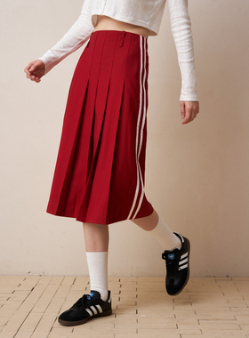 Septhouse 学院风撞色条纹高腰百褶裙休闲中长半身裙 两色