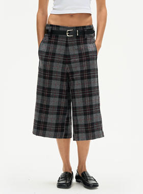 Septhouse 复古格子羊毛7分阔腿裤女新款休闲百搭宽松裤子