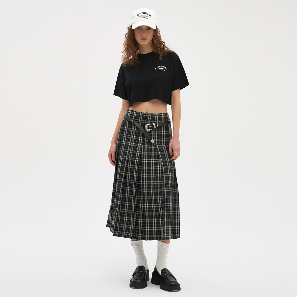 Septhouse 黑白格学院休闲高腰百褶裙时髦A字半身长裙 新品