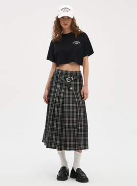 Septhouse 黑白格学院休闲高腰百褶裙时髦A字半身长裙 新品