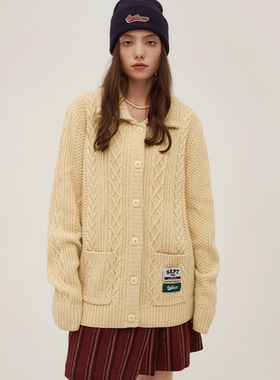 Septhouse 复古奶油色麻花编织毛衣开衫休闲羊毛针织外套上衣女