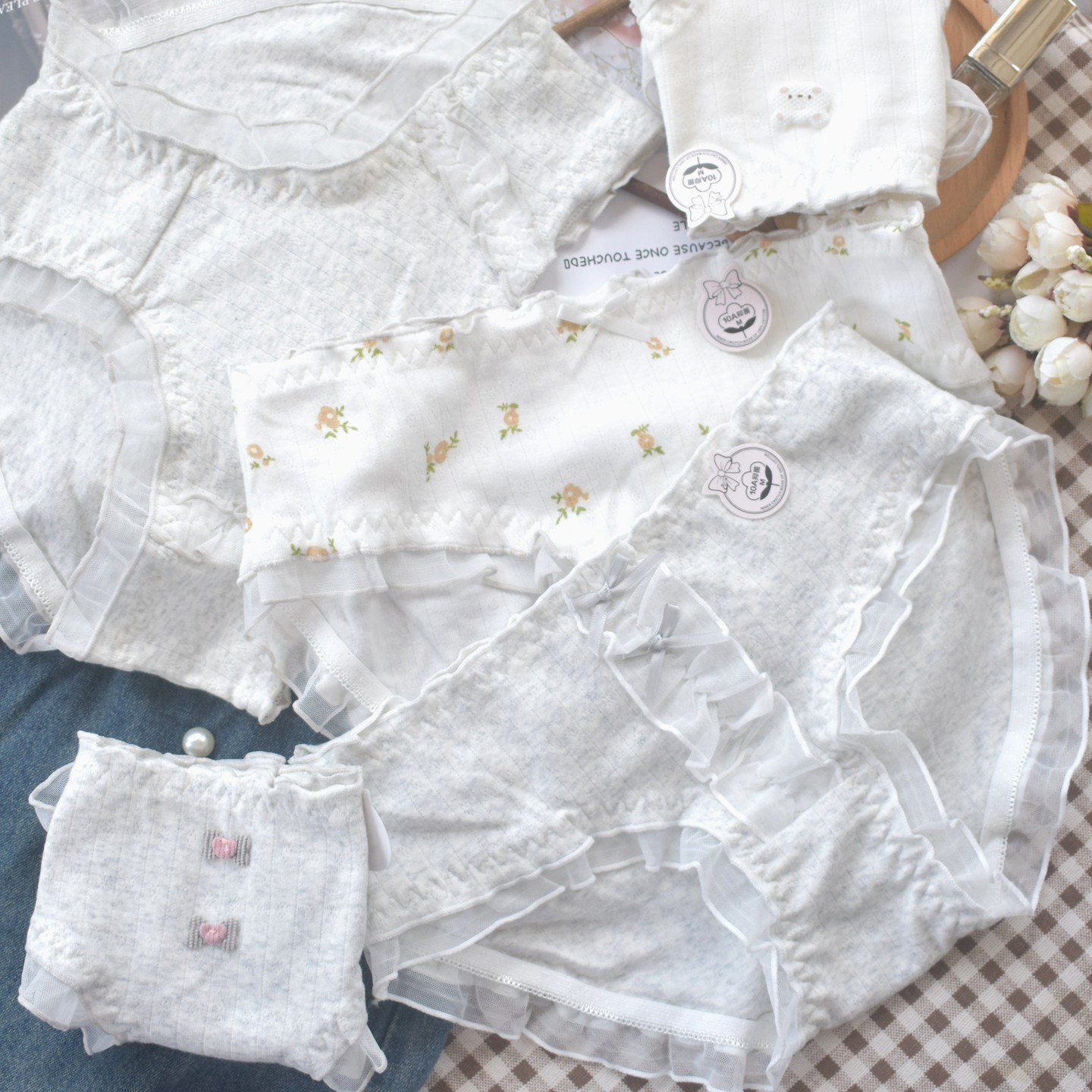 轻雾纱影 甜美碎花纯棉内裤女生5条装全棉裆A类棉可爱少女三角裤