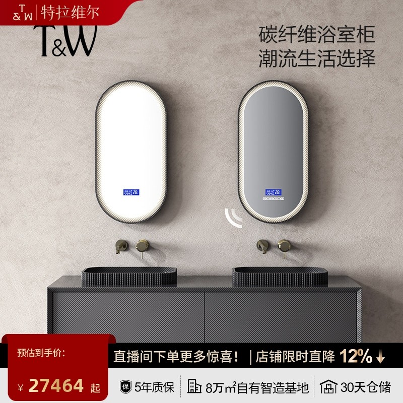 T&W特拉维尔高奢2025新款碳纤维家用浴室双人洗手盆柜智能镜组合,家装主材,浴室柜,淘宝优惠券,粉丝福利购,淘宝优惠卷