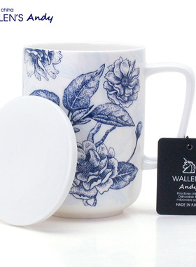 WALLEN ANDY云茶骨瓷杯小清新高温水杯 带盖咖啡杯办公室杯北欧风