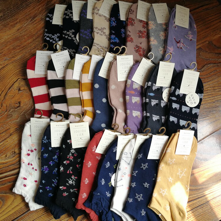 外贸日单春夏薄款女袜子学院甜美学生袜纯棉船袜花朵条纹短袜