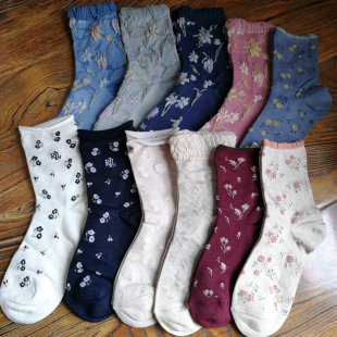 外贸日单春夏薄款 田园风甜美漂亮花朵小花女袜浮雕复古女中筒袜子