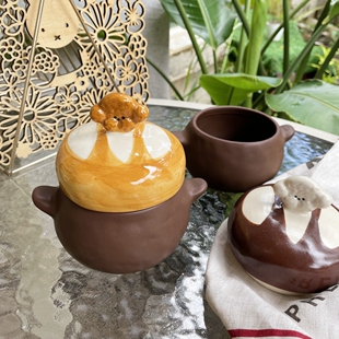 JW 釉下彩呆萌狗狗陶瓷炖盅可爱小狗带盖双耳小碗家用炖罐小汤盅