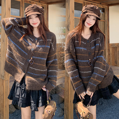 实拍~小香风条纹毛衣女2025新款秋冬复古慵懒风大码针织外套开衫