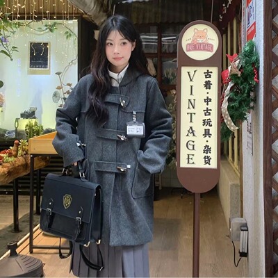 实拍 加厚灰色连帽牛角扣短款呢子大衣女加厚夹棉秋冬学院风外套