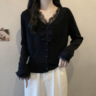 百搭休针织衫 实拍胖妹妹秋装 蕾丝拼接设计感韩版 女装 显瘦上衣 大码