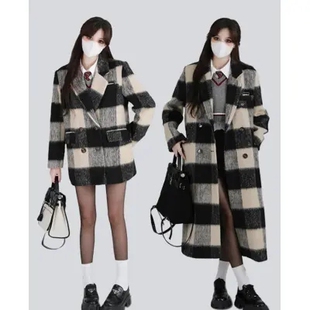 画解WAHJUIS 黑白滤镜 格子毛呢西装外套女冬韩系中长款呢子大衣