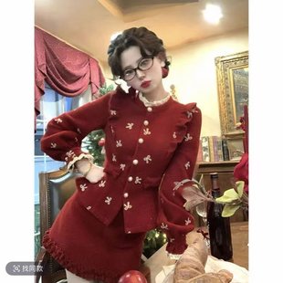 毛呢衬衫 女冬新款 半裙两件套 复古套装 圣诞礼物法式