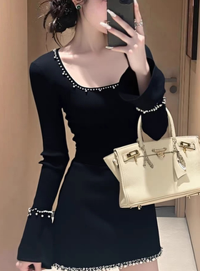 早秋温柔富家千金穿搭重要场合轻奢高级感巨好看小香风黑色连衣裙