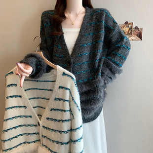 实拍2025秋冬新款 女韩系撞色条纹针织宽松慵懒风软糯毛衣外套 大码