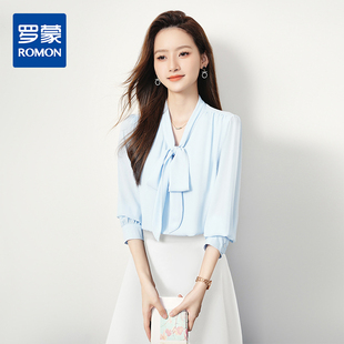 衬衫 罗蒙女士长袖 简约易打理舒适通勤雪纺衬衣女秋 气质飘带