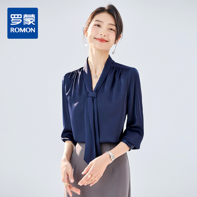 罗蒙春秋女装长袖衬衫女士飘带领气质优雅通勤百搭衬衫女职业上衣