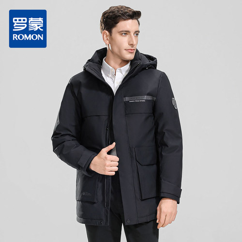 【连帽可脱卸】罗蒙秋冬简约中长款羽绒服男士休闲百搭羽绒服男