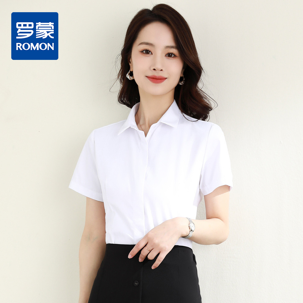 罗蒙夏季女装短袖棉质衬衫女士修身显瘦暗门襟商务通勤职业OL上班