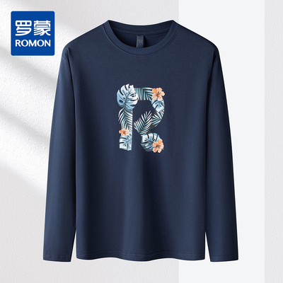 【桑蚕丝混纺】罗蒙春秋圆领印花T恤男长袖t恤男时尚男士t恤长袖