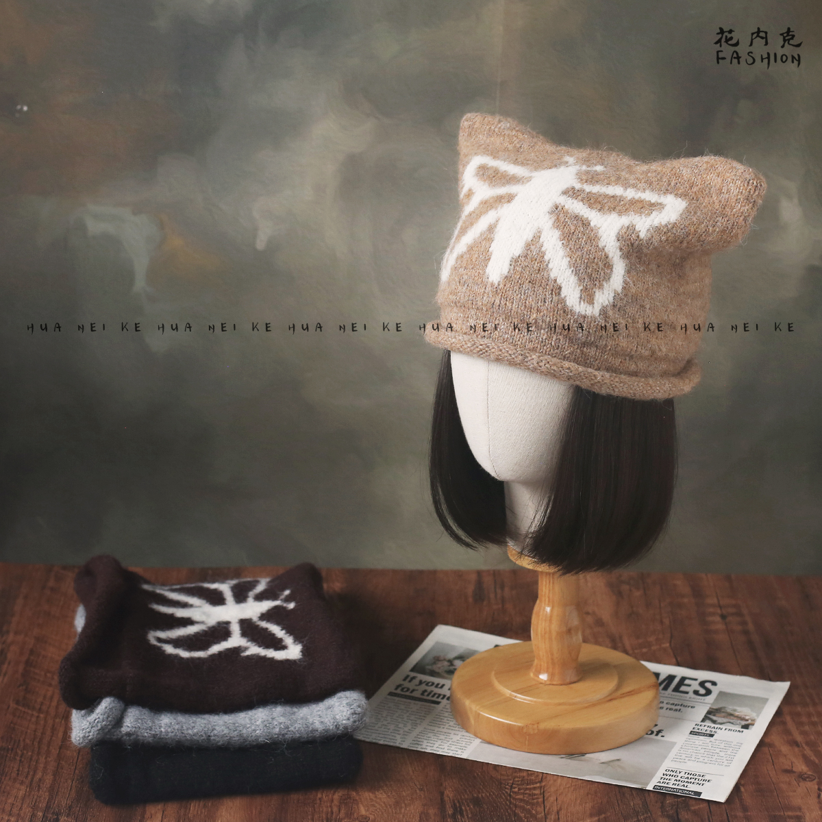 出口日韩~春秋新款可爱甜美蝴蝶猫耳针织帽口袋包头护耳毛线帽080