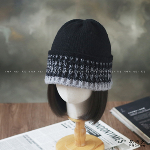 出口日韩 复古混色拼接针织毛线帽护耳保暖简约盆帽023 秋冬新款