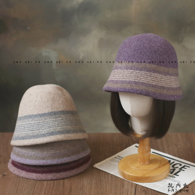 出口日韩~秋冬新款时尚百搭条纹水桶帽羊毛针织保暖圆顶盆帽024