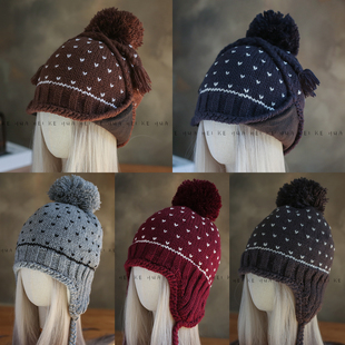 出口日韩 秋冬小爱心提花毛球针织毛线帽女毛绒保暖系带护耳帽050