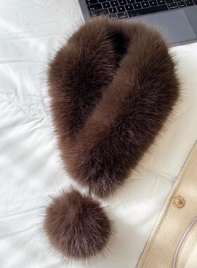 咖色毛毛围巾送妈妈女士冬保暖磁扣交叉狐狸毛绒围脖单球护颈毛领