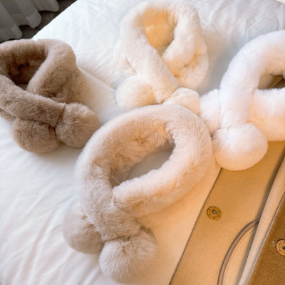 儿童双球毛毛围巾女冬季纯色保暖仿兔毛皮草毛绒交叉围脖男宝宝濑