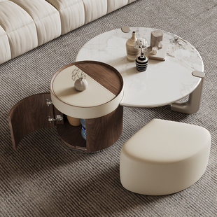 家用多功能设计感茶几储物圆形一体双层茶几桌茶台佛山设计师家具
