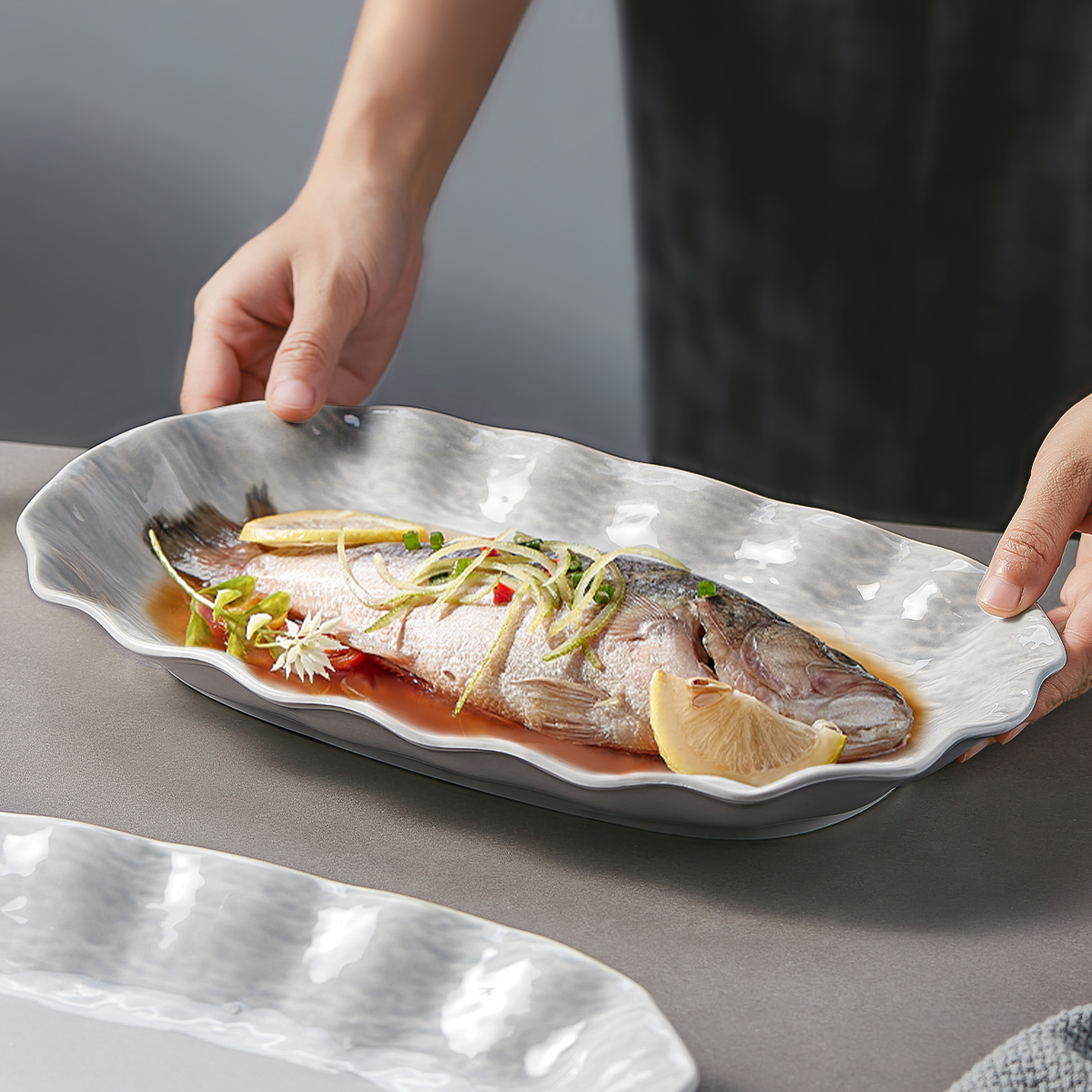 仿岩石纹理鱼盘家用陶瓷蒸鱼盘子