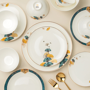 金边轻奢碗碟套装家用景德镇骨瓷餐具中式陶瓷碗盘子组合乔迁碗筷