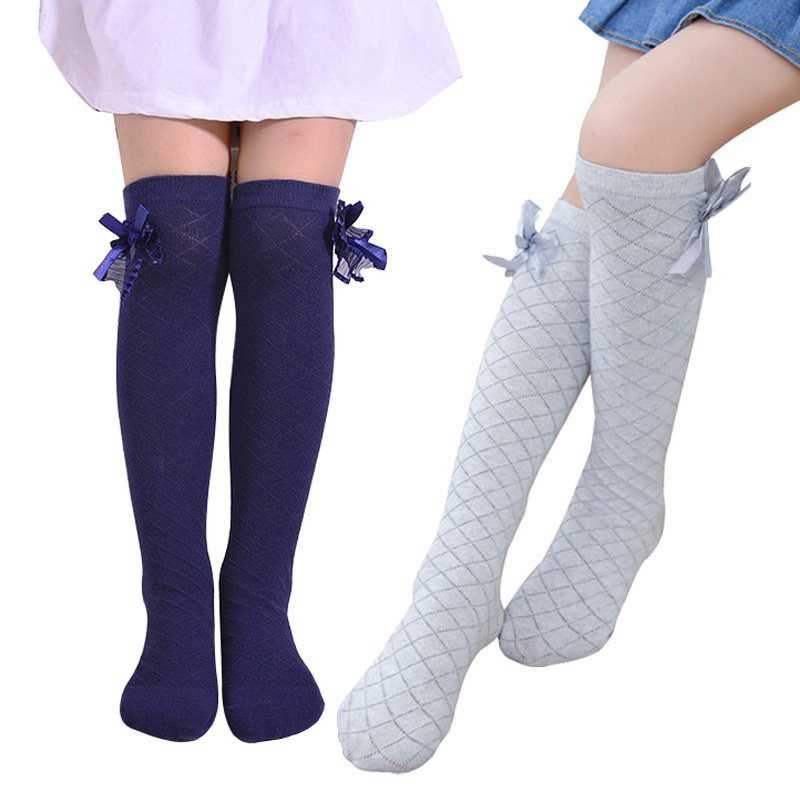 Girls Socks Knee High Bowknot Plaid for Children Kids Causal