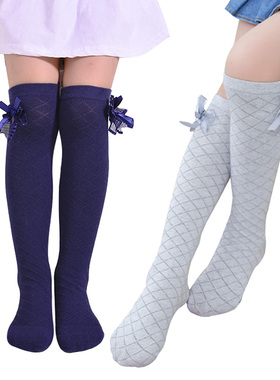 Girls Socks Knee High Bowknot Plaid for Children Kids Causal