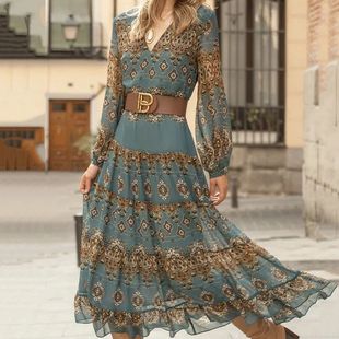 Neck Waistband Baroque Sleeved Print Dress Line Long