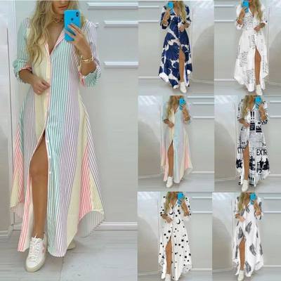 Women Boho Printed Long Shirts Dress Summer Turn-down