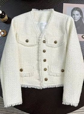 French Elegant Tweed Jacket Women Fashion V Neck Single Brea