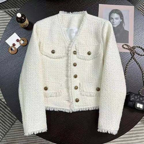 French Elegant Tweed Jacket Women Fashion V Neck Single Brea