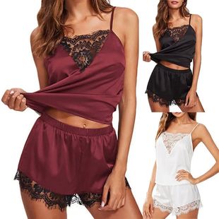 Set Women Lace 2Pcs Satin Pajama Patchwork Silk Sexy