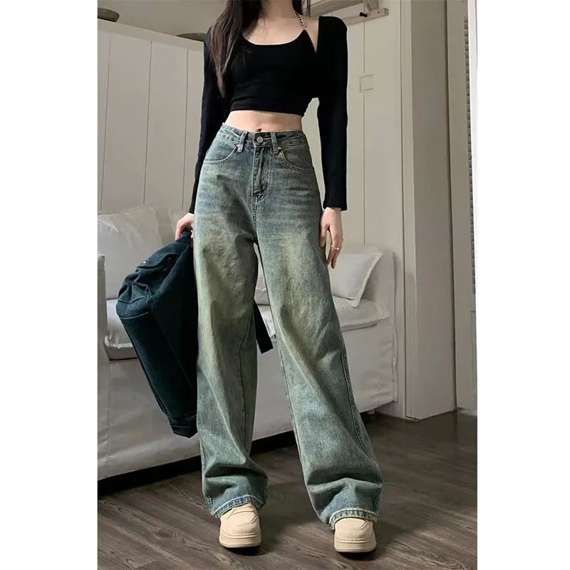 Vintage 90S Baggy Straight Denim Trousers Female Y2K High