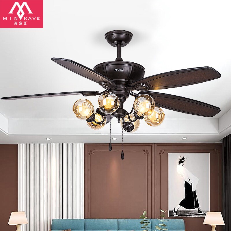 复古风扇灯吊扇灯北欧客厅风扇吊大风力美式吊扇灯家用52寸木铁叶