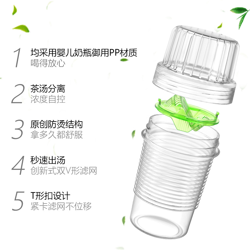 一口渡茶水分离杯泡茶杯塑料防摔耐高温非凡pp水杯带茶隔 随手杯