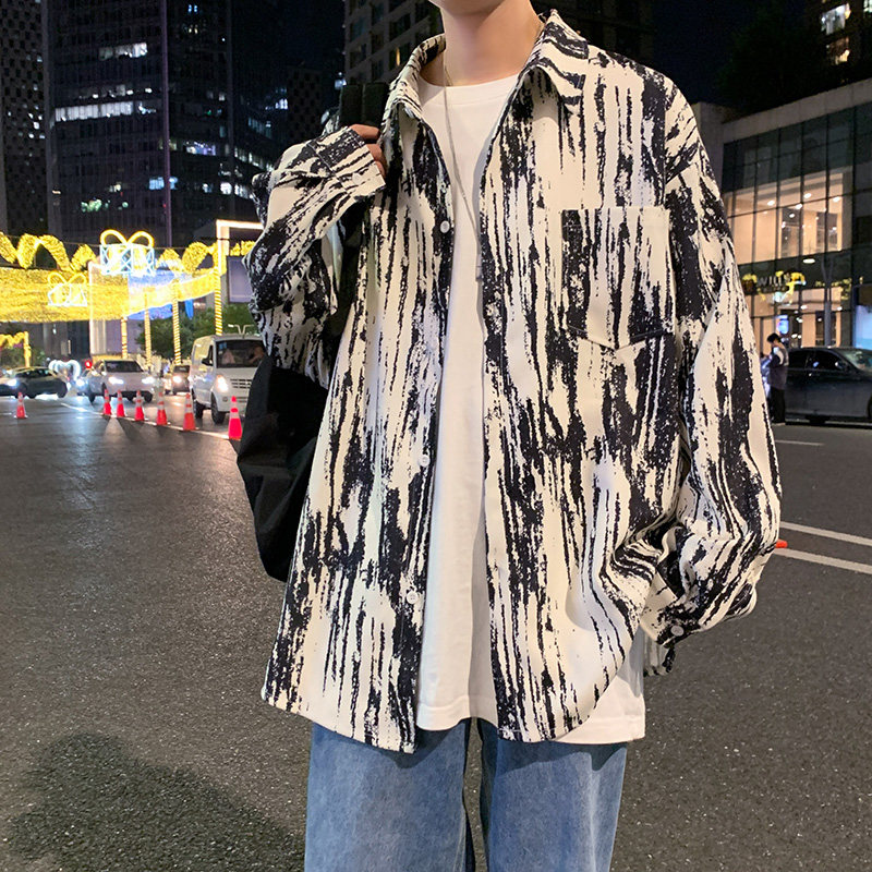 个性抓痕扎染长袖衬衫男大码宽松胖子显瘦衬衣 CS2101P45图片