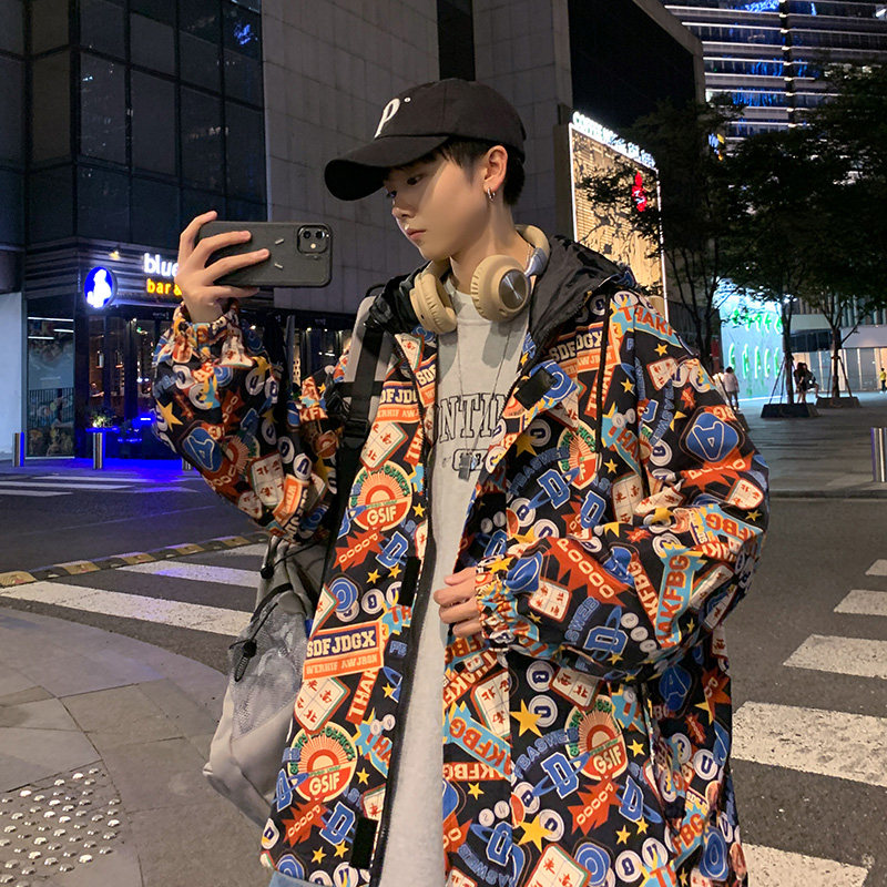 秋季新款潮流印花男士连帽夹克宽松情侣外套J,男装夹克,电商A073