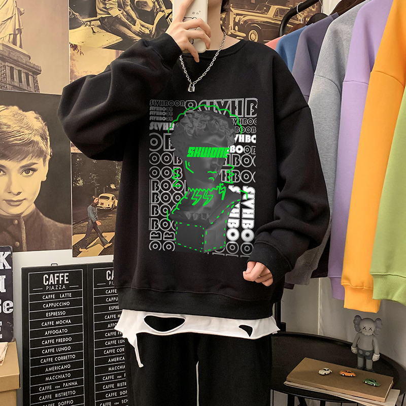 主推差价大欧美高街印花圆领卫衣男大码宽松情侣外套W9009，男装卫衣，电商A073