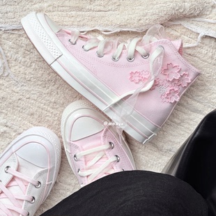 CONVERSE匡威1970S樱花粉刺绣水晶底高帮帆布鞋女A06221C A06222C