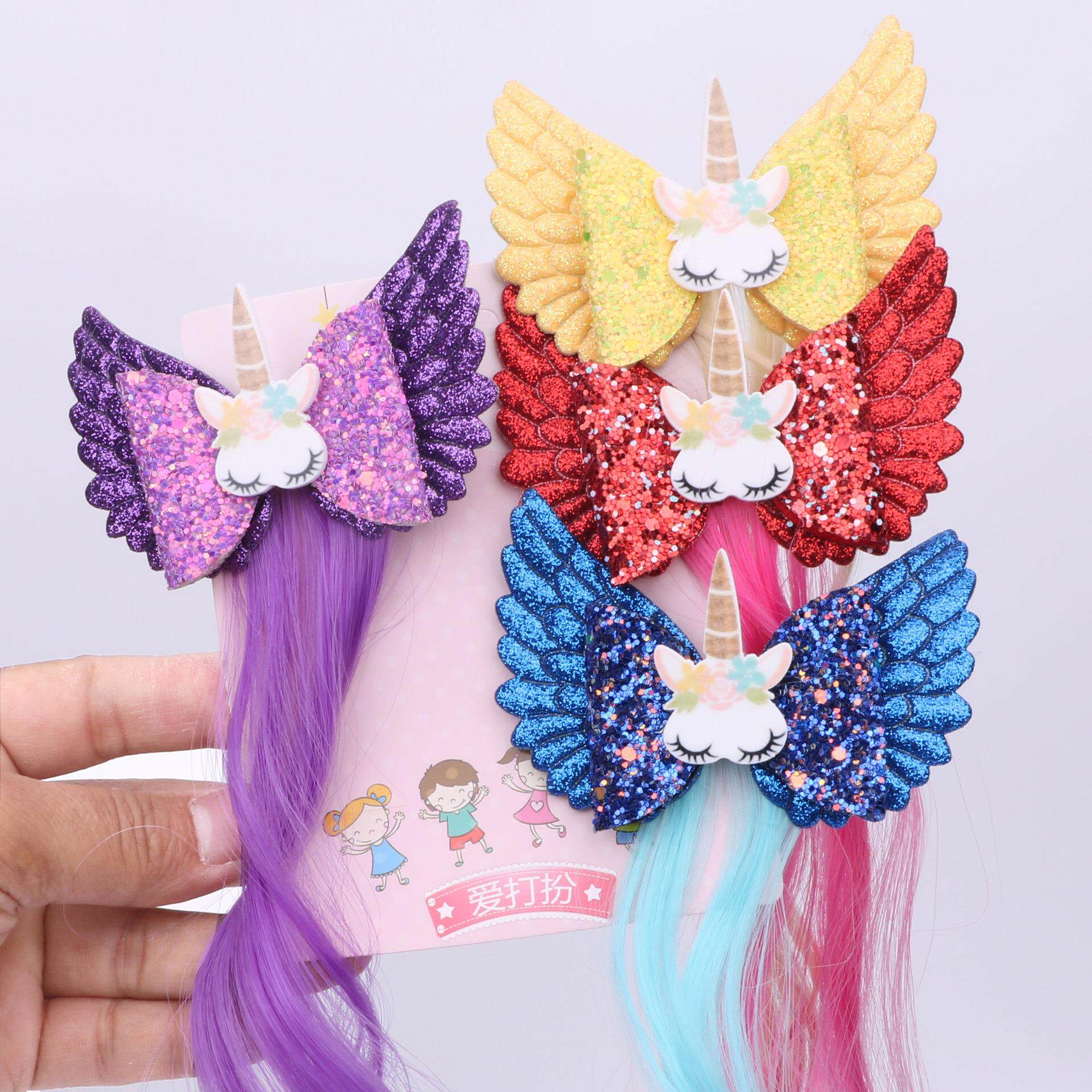 跨境欧美儿童独角兽蝴蝶结辫子天使翅染色渐变色假发宝宝发夹饰