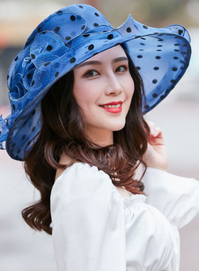 帽子女夏大沿纱帽圆点花卉欧根纱欧美防晒帽卷边时尚遮阳帽